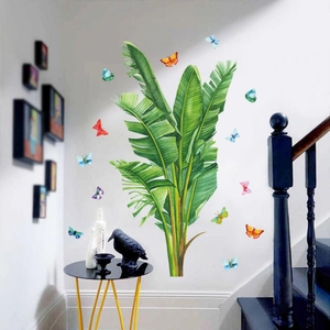 Moderne tropische Bananenblatt Wandtattoo mit bunten Schmetterlingen für Deko