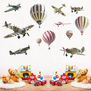Detailed wall decals showing vintage propeller planes and colorful hot air balloons