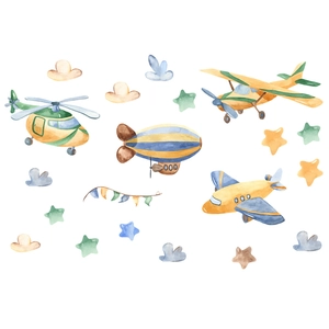Watercolor airplane wall stickers with helicopter and stars for kids room decor