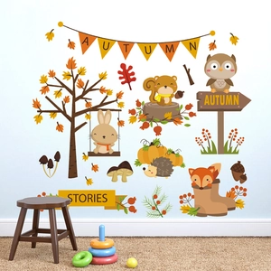 Autumn forest animal wall decals featuring foxes and rabbits for nursery wall decoration