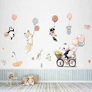 Hand-painted watercolor animal wall decals with pandas, foxes and hot air balloons for kids room