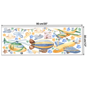Detailed sheet of watercolor airplane and star wall stickers with 90x30cm dimensions