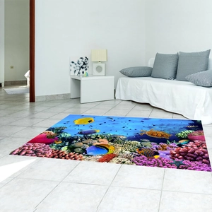 Detailed view of ocean-themed coral reef and sea turtle printed decorative floor rug