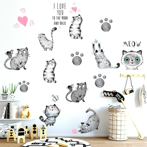 Stickers muraux de chats dessinés à la main avec cœurs pour déco chambre d'enfant