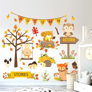 Autumn woodland animal wall stickers with fox squirrel and forest elements for kids room