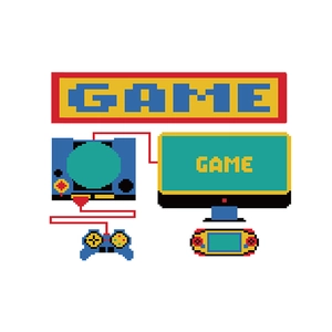 Adesivo murale pixel art retro con console di gioco, controller e schermi pixelati vintage