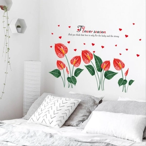 Wall decals featuring red anthurium flowers and artistic flower season text for home decor