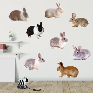 Set of 8 realistic rabbit wall stickers with various breeds and cute poses for home decor