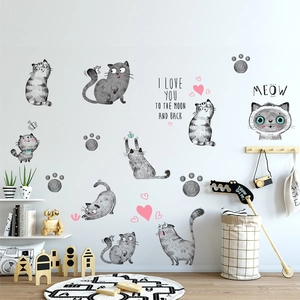 Vue détaillée des stickers muraux chats dessinés à la main avec lettrage pour chambre d'enfant