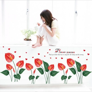 Self-adhesive red anthurium flower wall stickers with green leaves for home decoration