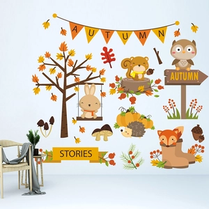 Detail view of autumn forest animals wall stickers including owls, squirrels and foxes