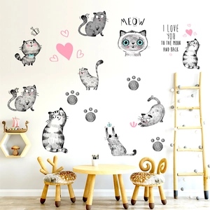 Stickers Muraux Chat de Dessin Animé Dessinés à la Main pour Chambre d'Enfant Salon PVC Imperméable DIY Décoration Maison