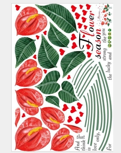 Watercolor Anthurium flower wall stickers with heart icons and artistic English text