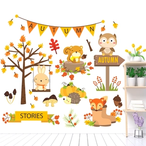 Detailed autumn wall stickers featuring cartoon forest animals like foxes and rabbits