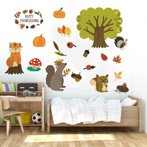 Autumn squirrel and turkey wall stickers for nursery decor featuring Happy Thanksgiving wreath