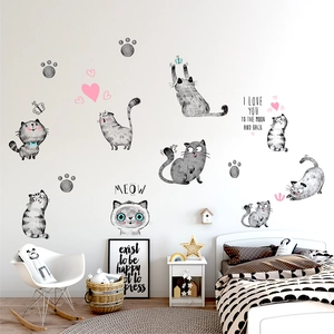 Stickers muraux chat peint à la main pour chambre d'enfant avec motifs de cœurs mignons