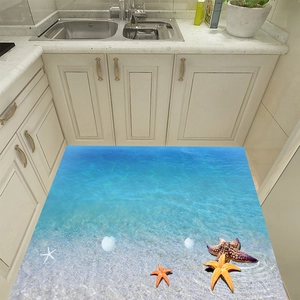 Sticker de sol 3D détaillé avec plage tropicale, étoiles de mer et coquillages pour cuisine