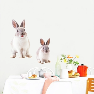 Realistic grey rabbit wall stickers for living room decor featuring two cute bunnies