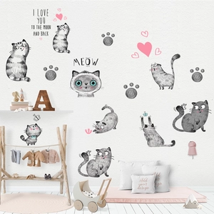 Stickers muraux chats noirs de dessin animé et cœurs pour décoration de chambre d'enfant