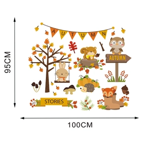 Detail of autumn wall decals featuring fox, owl, and squirrel with dimension labels