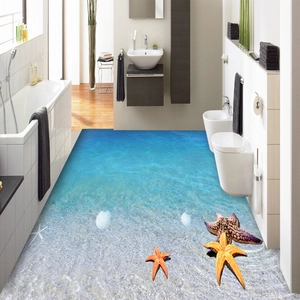 Sticker de sol 3D océan avec étoiles de mer et coquillages dans une salle de bain