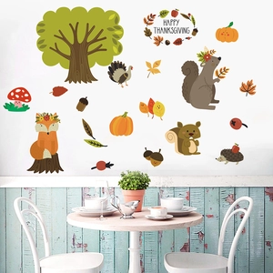 Thanksgiving wall decals set with squirrel, turkey and autumn tree for home decoration