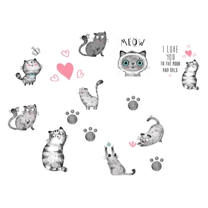 Stickers muraux chats gris dessinés à la main avec cœurs pour décoration de chambre