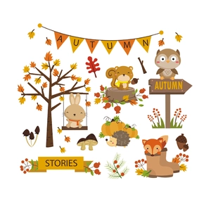 Autumn woodland animals wall stickers set featuring fox squirrel and rabbit for kids room