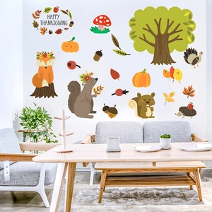 Living room decor with Thanksgiving squirrel and fox forest animal wall decals