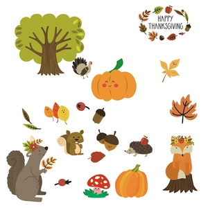 Cute Thanksgiving wall stickers with squirrels, turkeys and colorful autumn leaves