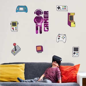 Game controller wall stickers with purple star gamer text for boys bedroom decoration