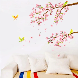 Stickers muraux fleurs de cerisier roses et oiseaux colorés pour salon déco