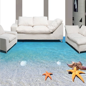 Sticker de sol 3D réaliste avec plage océanique, eau bleue et étoiles de mer colorées