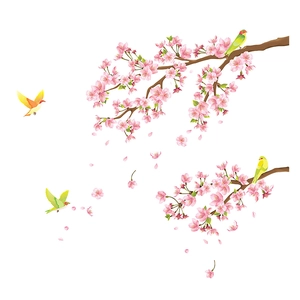 Sticker mural aux fleurs de cerisier roses et oiseaux jaunes au style printanier