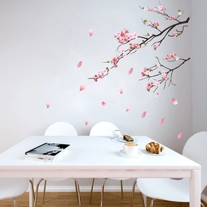 Modern cherry blossom wall stickers with pink floral branches and petals for living rooms