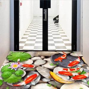 Détail d'autocollant de sol 3D avec carpes koi, lotus roses et texture de galets