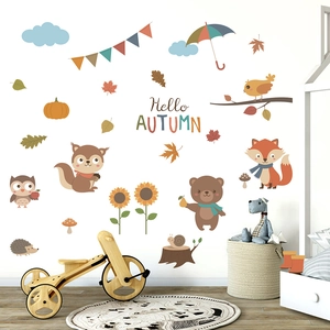 Autumn forest animal wall stickers with fox squirrel and Hello Autumn text for nursery