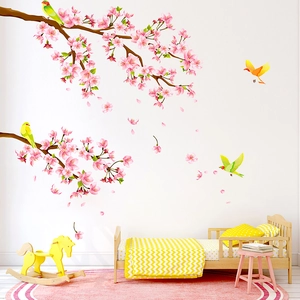 Stickers muraux branches de cerisier roses et oiseaux pour décoration de chambre d'enfant
