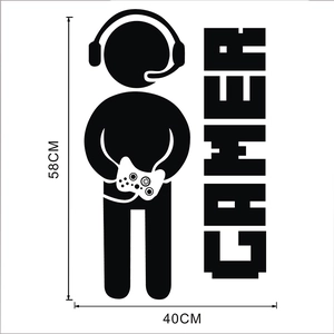 Detail view of Gamer wall decal showing dimensions 58x40cm and joystick silhouette