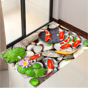 Détail du tapis de sol 3D avec carpes koi, galets et motif de lotus réaliste