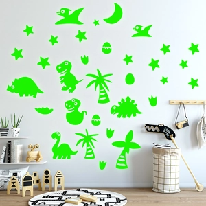 Luminous green dinosaur world wall stickers featuring T-Rex and stars for kids room decor