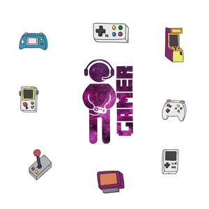 Gamer wall decal featuring game console controllers and person silhouette in galaxy texture