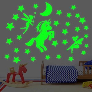 Glow In The Dark Unicorn Fairy Wall Stickers Luminous Moon Star Decals For Kids Room Bedroom DIY PVC Fluorescent Green Wall Decor