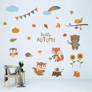 Close-up of autumn forest animal wall stickers with fox, squirrel and bear motifs