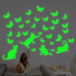 Luminous Glow In The Dark Wall Sticker Cat Butterfly Pattern PVC Decal For Kids Room Bedroom Home Decor Waterproof DIY Mural