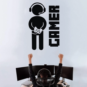 Gamer wall sticker with headset icon and gamer text for bedroom game room decor