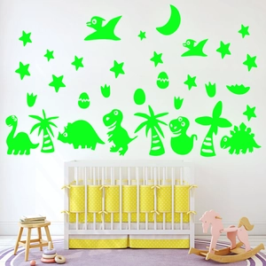 Glow-in-the-dark dinosaur wall stickers set featuring cartoon stars and moons in a nursery