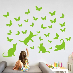 Luminous green cat and butterfly wall stickers set for living room and nursery decor