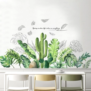 Tropical green leaves wall stickers with monstera and palm patterns for living room decor