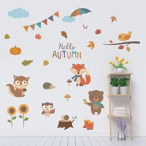 Detail of autumn forest wall decals with squirrels, foxes and bears for children room deco